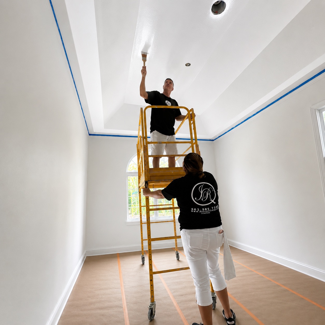 Jerome Russo's painters applying a fresh ceiling finish in a Palm Beach luxury home