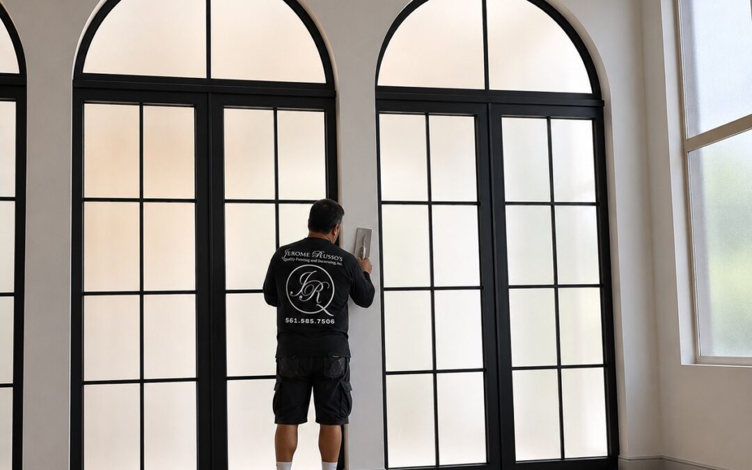 Jerome Russo's craftsman applying Venetian plaster near arched windows in a luxury Florida home