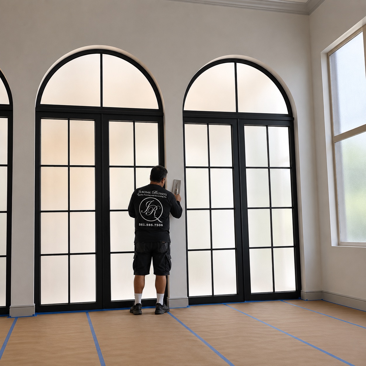 Jerome Russo's craftsman applying Venetian plaster near arched windows in a luxury Florida home